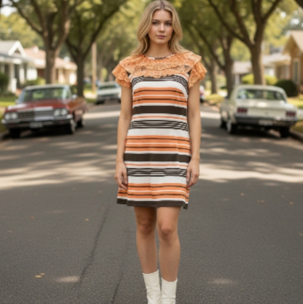 Vintage 60s Orange Stripes & Lace Ruffle Dress